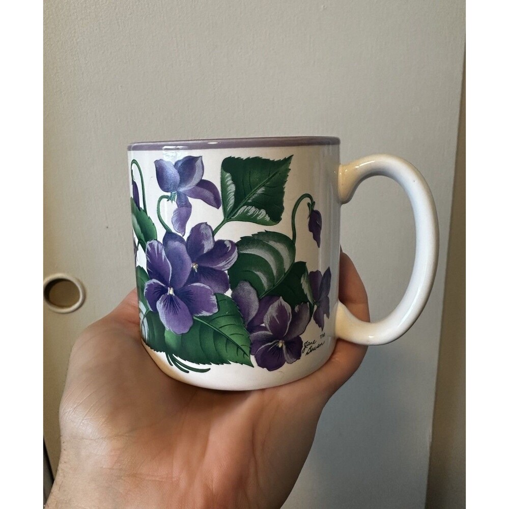 Jane Bowen Signed Trademarked Coffee Mug Cup Violets Flowers Inc Balloons VTG
